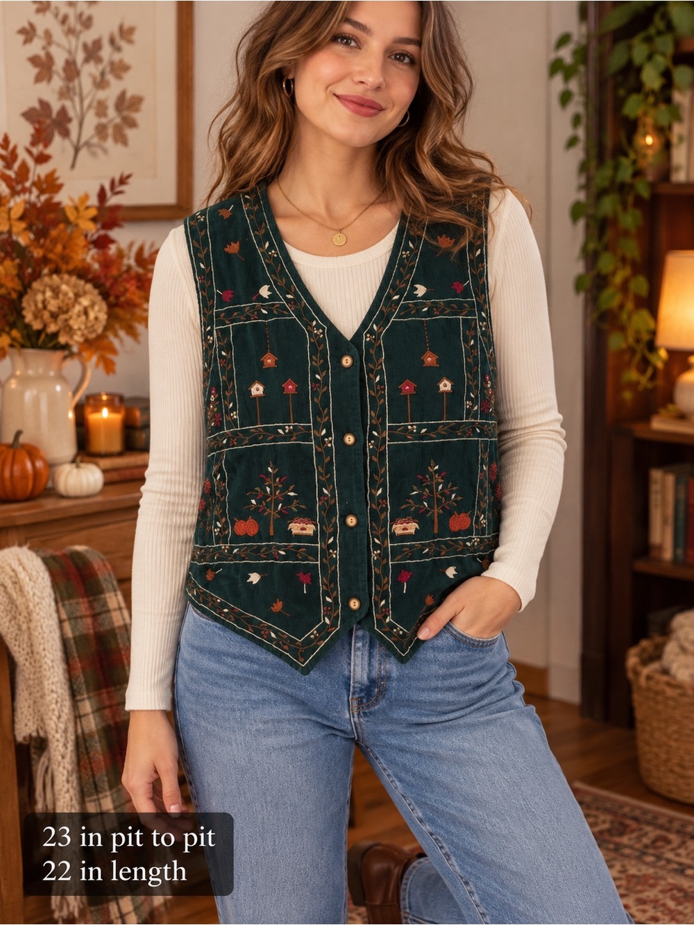 Vintage Bobbie Brooks Corduroy Vest L Green Embroidered Birdhouse Fall